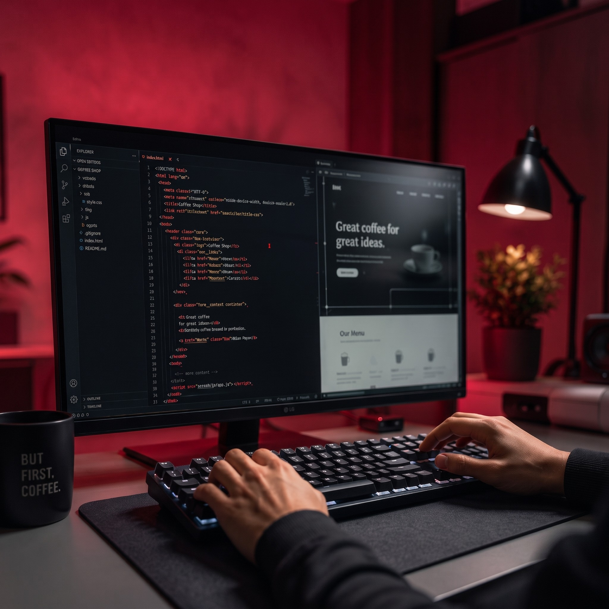 Desarrollo web en curso: editor de código y previsualización del sitio