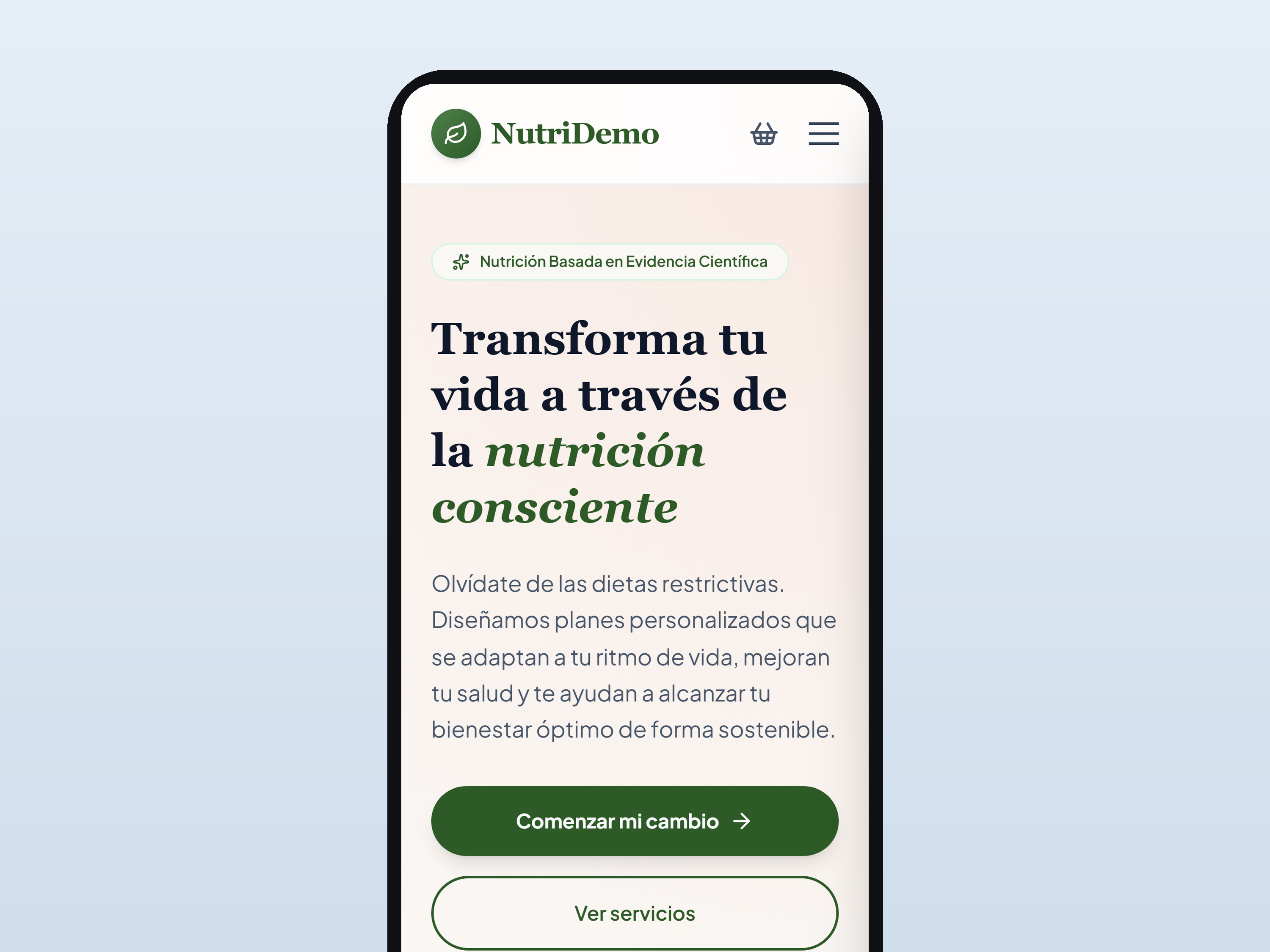 NutriDemo — inicio en móvil