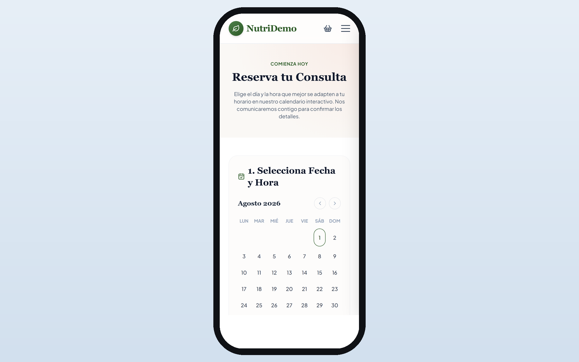 NutriDemo móvil — Reservar consulta